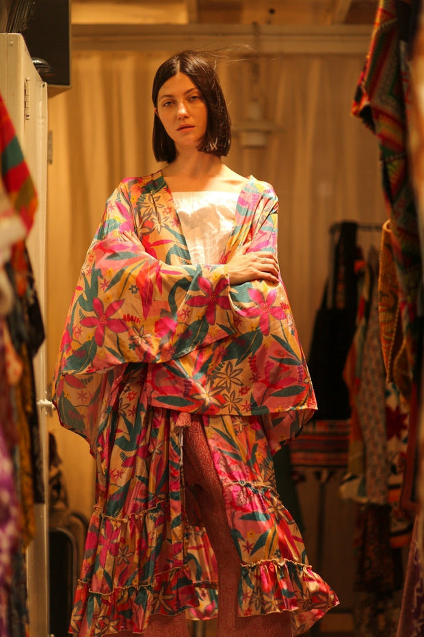 PINK JUNGLE SILK KIMONO PINA - sustainably made MOMO NEW YORK sustainable clothing, kimono slow fashion