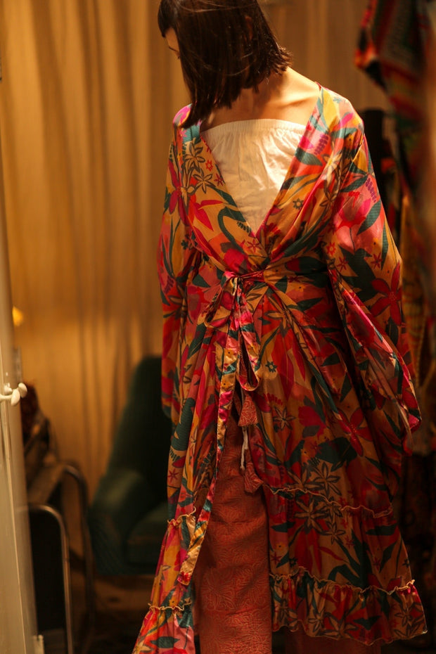 PINK JUNGLE SILK KIMONO PINA - sustainably made MOMO NEW YORK sustainable clothing, kimono slow fashion