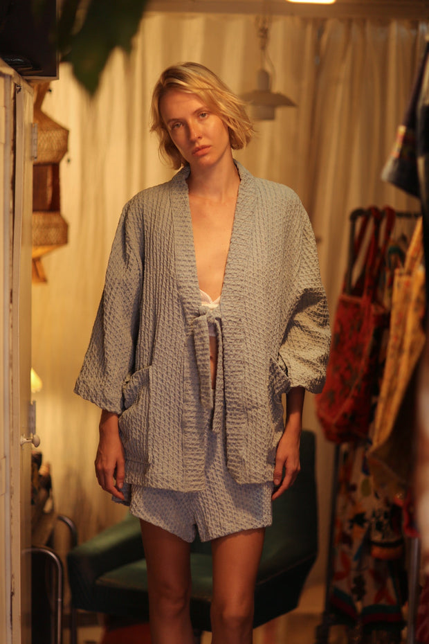 RONNIE PATTERNED SOFT DENIM SHORT KIMONO - sustainably made MOMO NEW YORK sustainable clothing, coatandjacket slow fashion