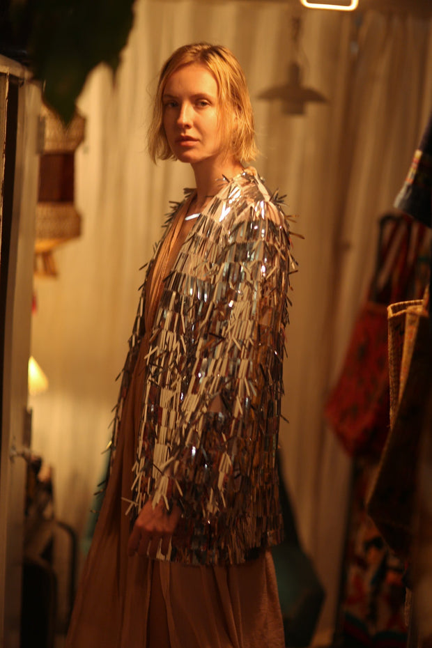 SEQUIN SILVER GLITTER KIMONO FRANKA - sustainably made MOMO NEW YORK sustainable clothing, Kimono slow fashion