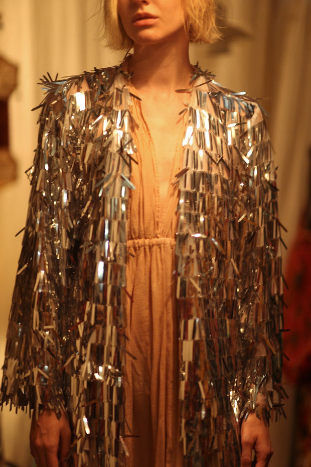 SEQUIN SILVER GLITTER KIMONO FRANKA - sustainably made MOMO NEW YORK sustainable clothing, Kimono slow fashion