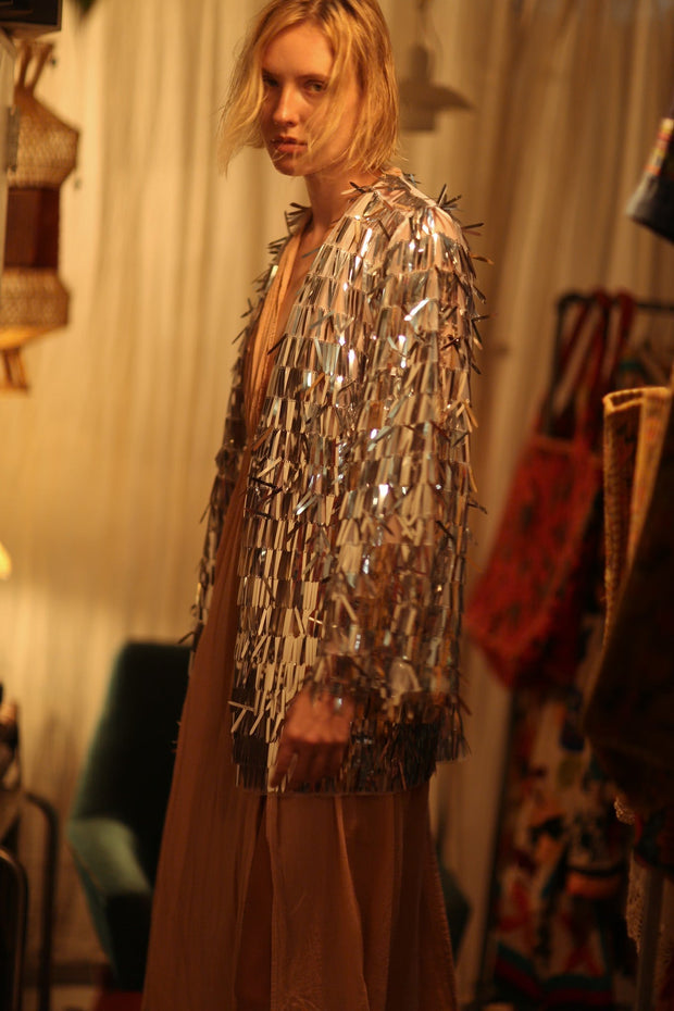 SEQUIN SILVER GLITTER KIMONO FRANKA - sustainably made MOMO NEW YORK sustainable clothing, Kimono slow fashion