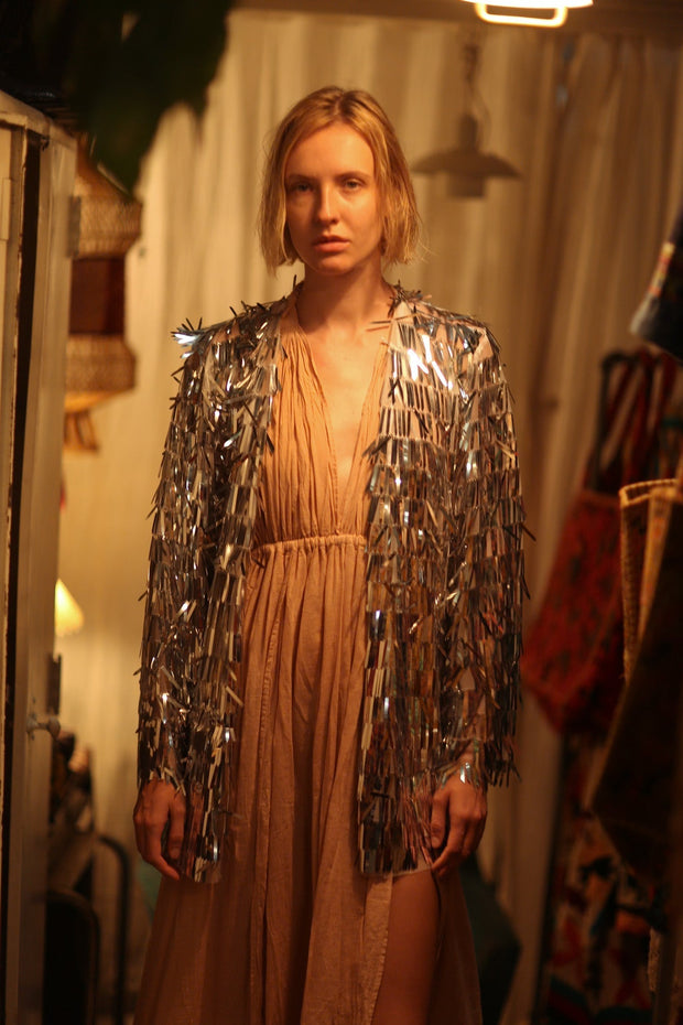 SEQUIN SILVER GLITTER KIMONO FRANKA - sustainably made MOMO NEW YORK sustainable clothing, Kimono slow fashion