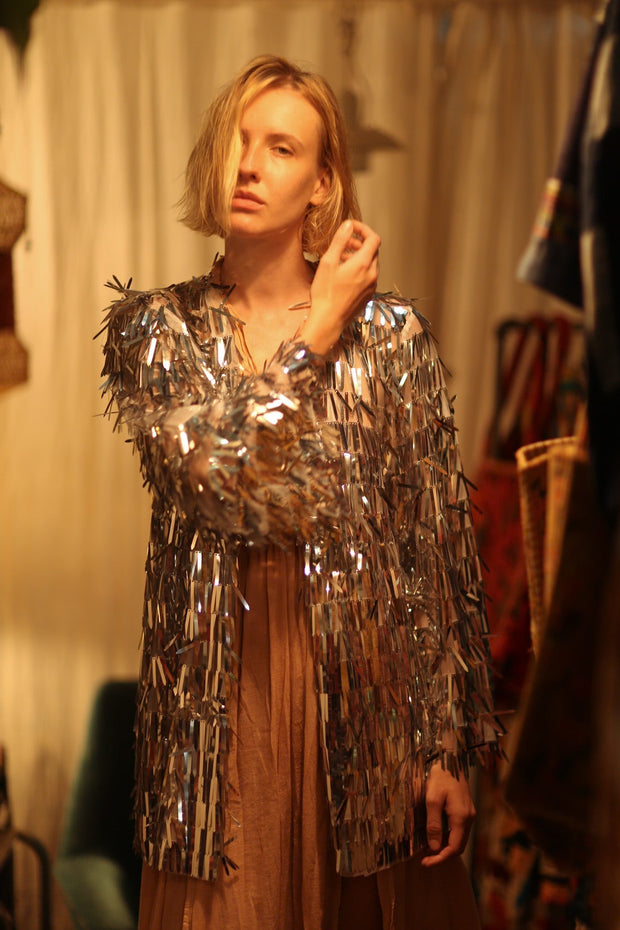 SEQUIN SILVER GLITTER KIMONO FRANKA - sustainably made MOMO NEW YORK sustainable clothing, Kimono slow fashion