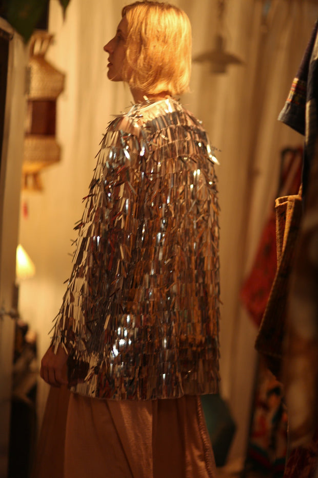 SEQUIN SILVER GLITTER KIMONO FRANKA - sustainably made MOMO NEW YORK sustainable clothing, Kimono slow fashion
