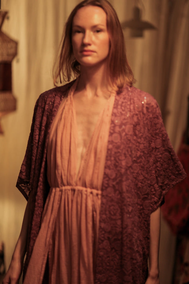 SILK FLORINE LITTLE FLOWERS EMBROIDERED KIMONO - sustainably made MOMO NEW YORK sustainable clothing, embellished slow fashion