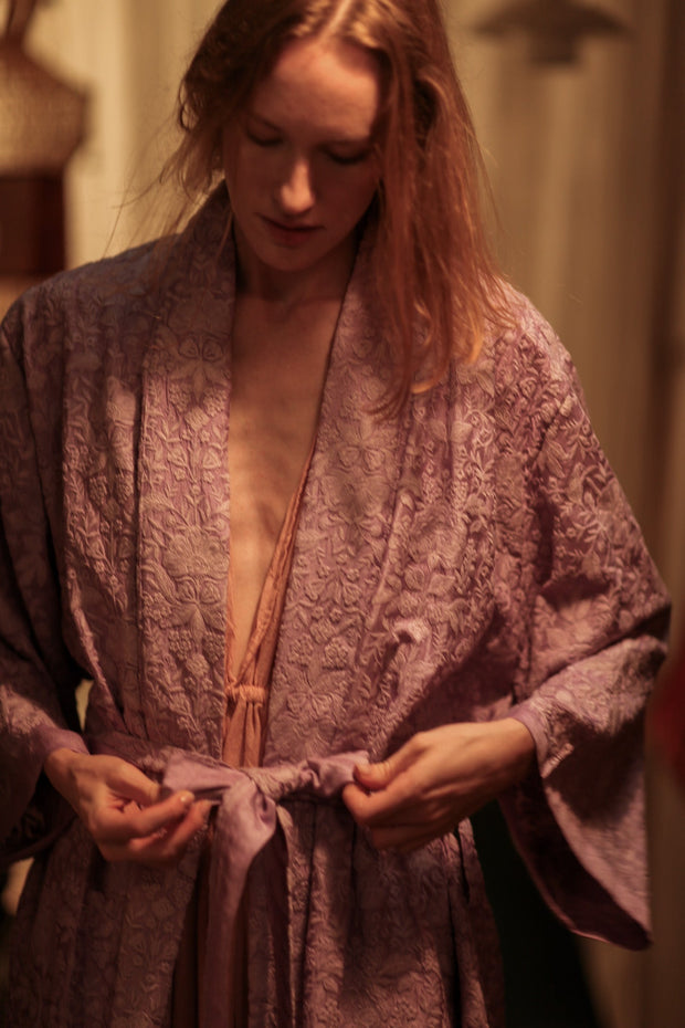 SILK FLORINE LITTLE FLOWERS EMBROIDERED KIMONO LILAC - sustainably made MOMO NEW YORK sustainable clothing, embellished slow fashion