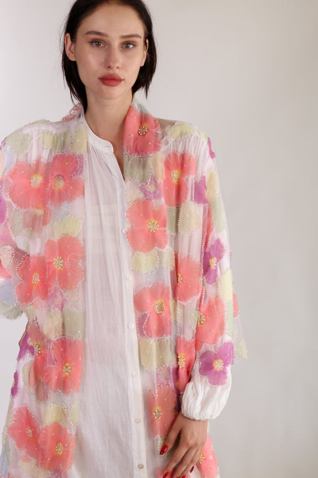 SILK FLOWER EMBELLISHED KIMONO ULISA - sustainably made MOMO NEW YORK sustainable clothing, Kimono slow fashion