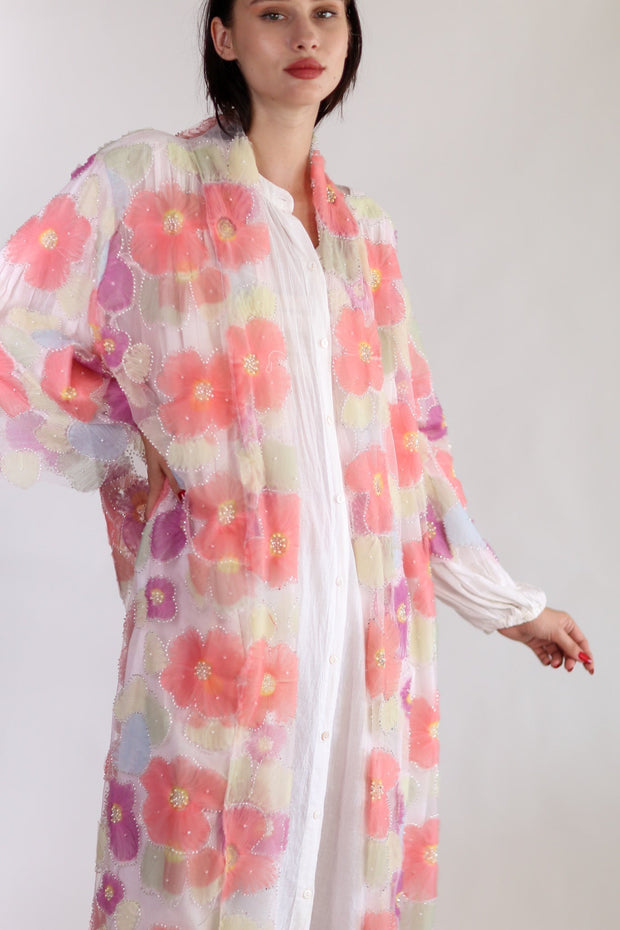 SILK FLOWER EMBELLISHED KIMONO ULISA - sustainably made MOMO NEW YORK sustainable clothing, Kimono slow fashion