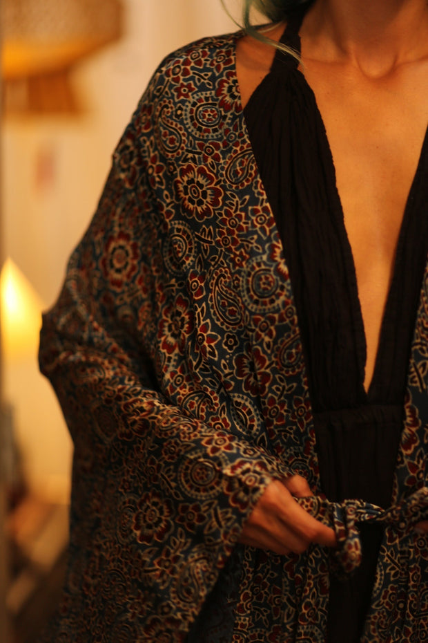 SILK HAND BLOCK PRINT KIMONO PINA BLUE LAGOOON - sustainably made MOMO NEW YORK sustainable clothing, Kimono slow fashion