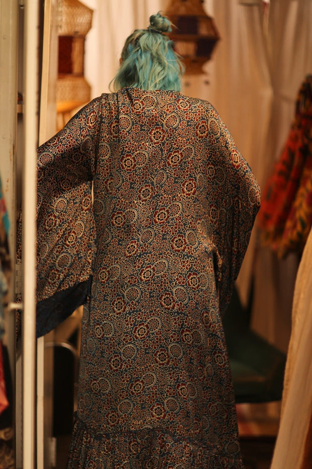 SILK HAND BLOCK PRINT KIMONO PINA BLUE LAGOOON - sustainably made MOMO NEW YORK sustainable clothing, Kimono slow fashion