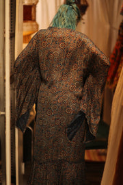 SILK HAND BLOCK PRINT KIMONO PINA BLUE LAGOOON - sustainably made MOMO NEW YORK sustainable clothing, Kimono slow fashion