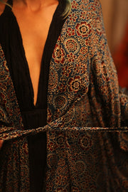 SILK HAND BLOCK PRINT KIMONO PINA BLUE LAGOOON - sustainably made MOMO NEW YORK sustainable clothing, Kimono slow fashion