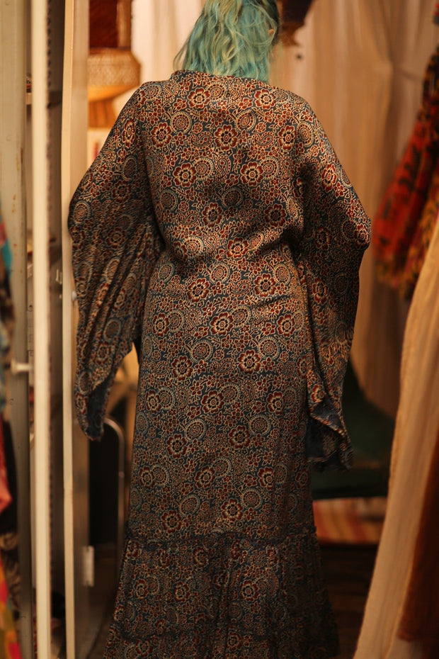 SILK HAND BLOCK PRINT KIMONO PINA BLUE LAGOOON - sustainably made MOMO NEW YORK sustainable clothing, Kimono slow fashion