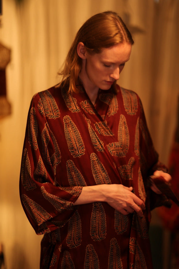 SILK KIMONO CHERRY RED FEATHER - sustainably made MOMO NEW YORK sustainable clothing, handmade slow fashion