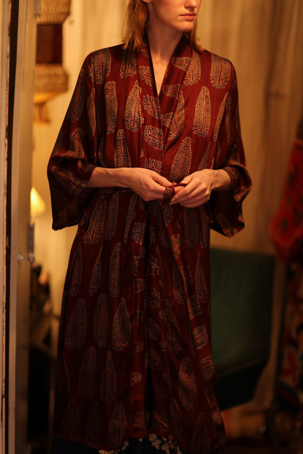 SILK KIMONO CHERRY RED FEATHER - sustainably made MOMO NEW YORK sustainable clothing, handmade slow fashion