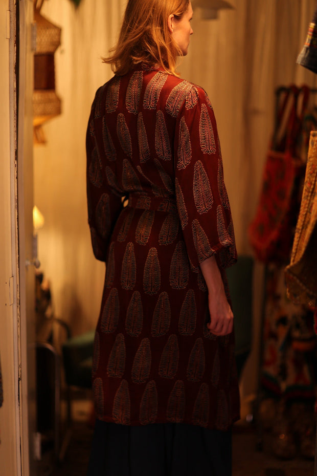 SILK KIMONO CHERRY RED FEATHER - sustainably made MOMO NEW YORK sustainable clothing, handmade slow fashion