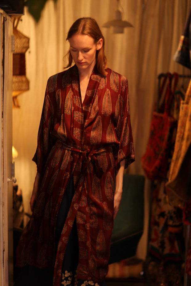 SILK KIMONO CHERRY RED FEATHER - sustainably made MOMO NEW YORK sustainable clothing, handmade slow fashion