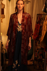 SILK KIMONO CHERRY RED FEATHER - sustainably made MOMO NEW YORK sustainable clothing, handmade slow fashion
