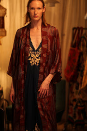SILK KIMONO CHERRY RED FEATHER - sustainably made MOMO NEW YORK sustainable clothing, handmade slow fashion