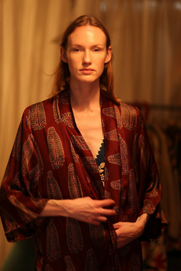SILK KIMONO CHERRY RED FEATHER - sustainably made MOMO NEW YORK sustainable clothing, handmade slow fashion