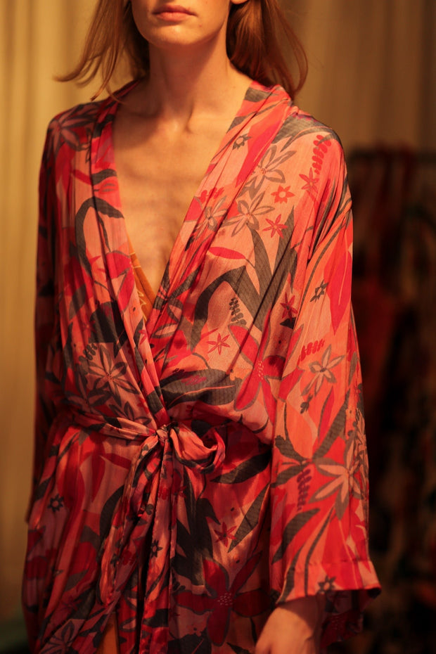 SILK KIMONO PINK JUNGLE - sustainably made MOMO NEW YORK sustainable clothing, handmade slow fashion