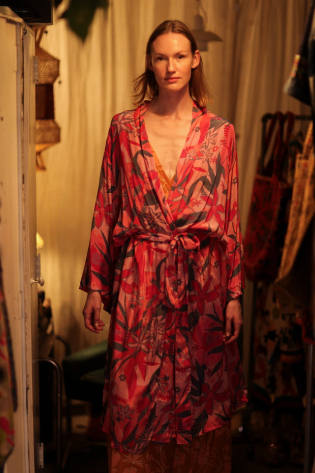 SILK KIMONO PINK JUNGLE - sustainably made MOMO NEW YORK sustainable clothing, handmade slow fashion