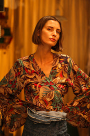 SILK WRAP TOP AURELIA BROWN JUNGLE - sustainably made MOMO NEW YORK sustainable clothing, new slow fashion