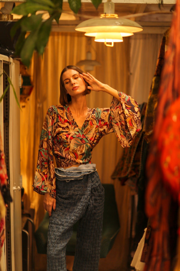SILK WRAP TOP AURELIA BROWN JUNGLE - sustainably made MOMO NEW YORK sustainable clothing, new slow fashion