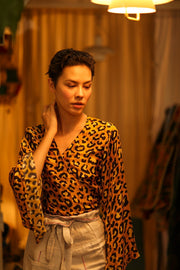 SILK WRAP TOP AURELIA DARK YELLOW LEOPARD - sustainably made MOMO NEW YORK sustainable clothing, new slow fashion