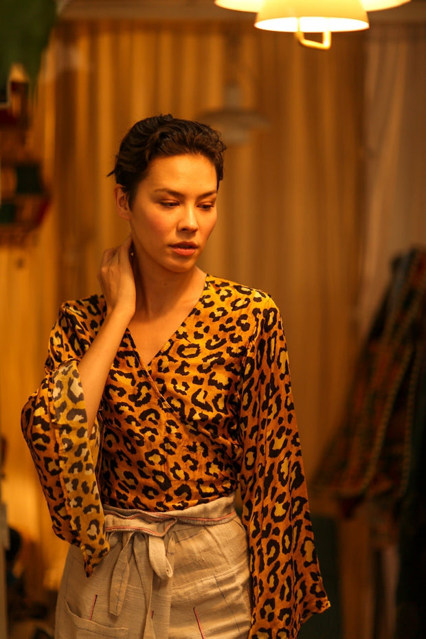 SILK WRAP TOP AURELIA DARK YELLOW LEOPARD - sustainably made MOMO NEW YORK sustainable clothing, new slow fashion