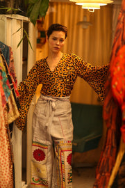 SILK WRAP TOP AURELIA DARK YELLOW LEOPARD - sustainably made MOMO NEW YORK sustainable clothing, new slow fashion