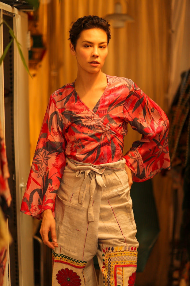 SILK WRAP TOP AURELIA PINK JUNGLE - sustainably made MOMO NEW YORK sustainable clothing, new slow fashion