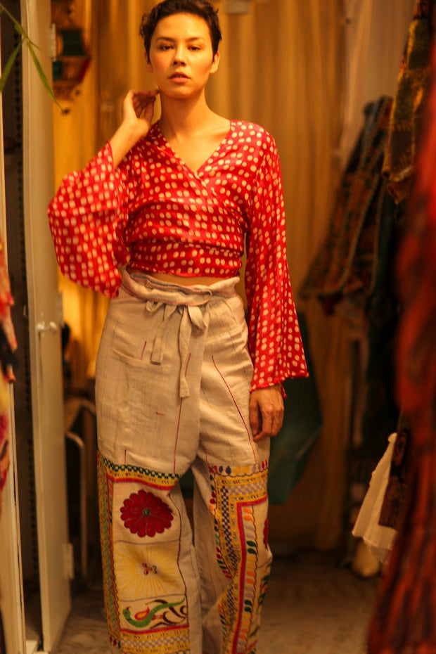 SILK WRAP TOP AURELIA RED DOT - sustainably made MOMO NEW YORK sustainable clothing, new slow fashion