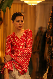 SILK WRAP TOP AURELIA RED DOT - sustainably made MOMO NEW YORK sustainable clothing, new slow fashion