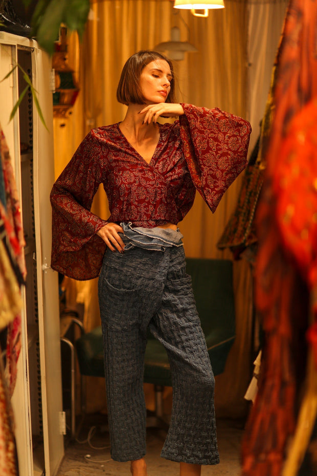 SILK WRAP TOP AURELIA RED WINE - sustainably made MOMO NEW YORK sustainable clothing, new slow fashion