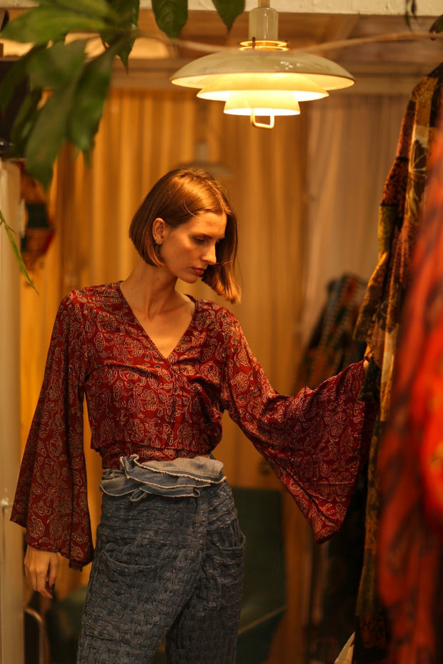 SILK WRAP TOP AURELIA RED WINE - sustainably made MOMO NEW YORK sustainable clothing, new slow fashion