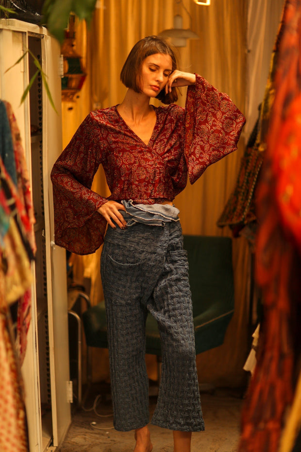 SILK WRAP TOP AURELIA RED WINE - sustainably made MOMO NEW YORK sustainable clothing, new slow fashion