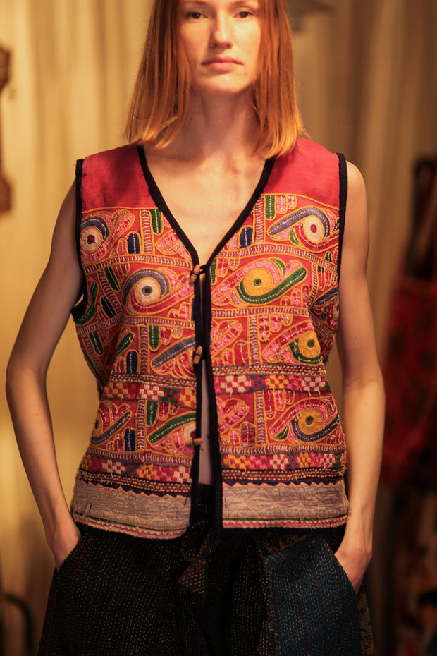 TENZIN EMBROIDERED INDIAN GILET FUCHSIA - sustainably made MOMO NEW YORK sustainable clothing, Coat slow fashion