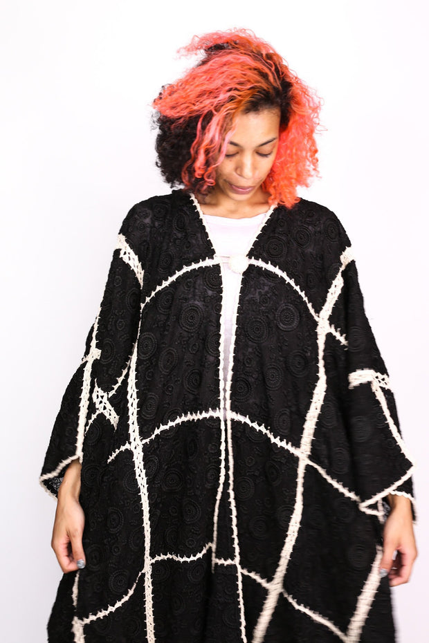 EMBROIDERED SILK CROCHET STATEMENT KIMONO SAENG - sustainably made MOMO NEW YORK sustainable clothing, crochet slow fashion