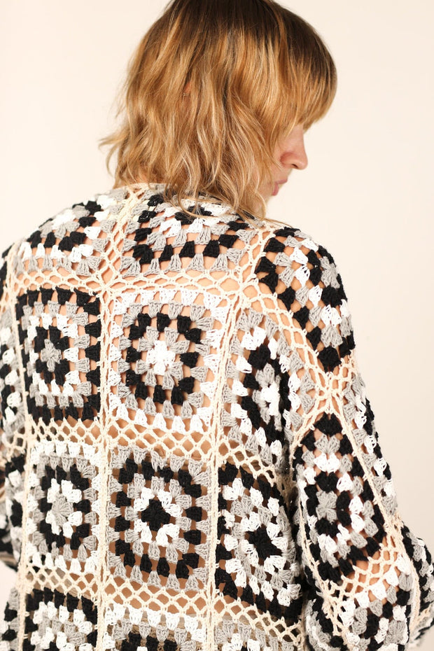 KOUMALY CROCHET KIMONO JACKET BLACK MULTI - sustainably made MOMO NEW YORK sustainable clothing, crochet slow fashion