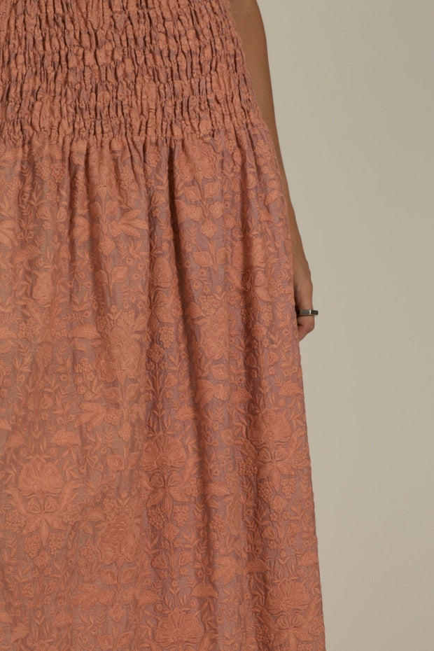 PEACH SILK EMBROIDERED SKIRT DRESS LISA - sustainably made MOMO NEW YORK sustainable clothing, dress slow fashion