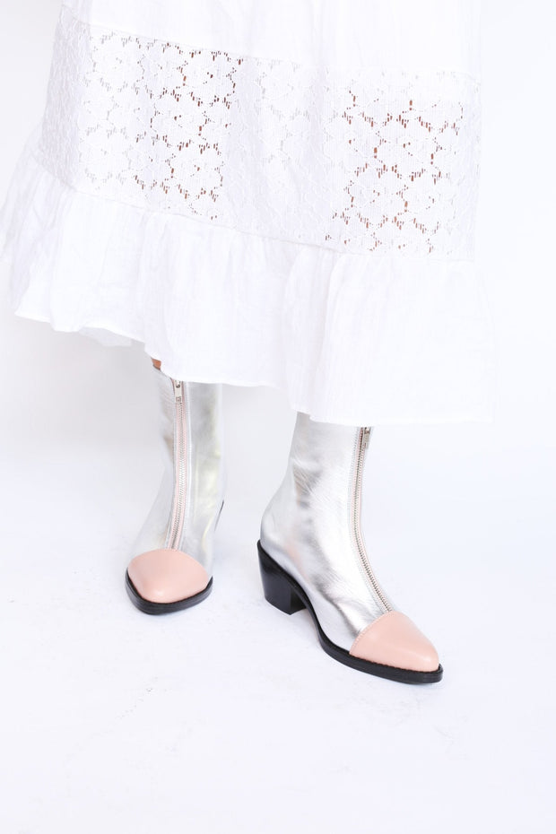 SILVER BOOTS PINK CAP BOOTS TEAGAN - sustainably made MOMO NEW YORK sustainable clothing, boots slow fashion