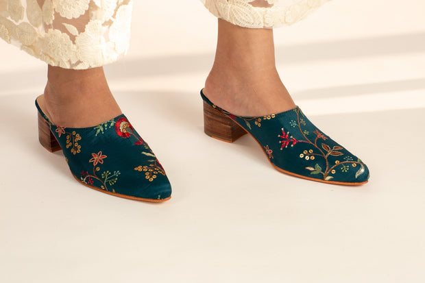 TURQUOISE HEELED MULES SANDRA - sustainably made MOMO NEW YORK sustainable clothing, mules slow fashion